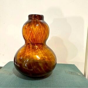 Vintage tortoise brown art glass gourd shaped bubble bud vase weed vase